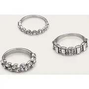 Silver Diamante Baguette 3 Pack Ring Set, Silver