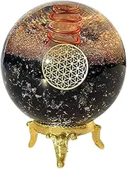 The World of Crystals Black Tourmaline Sphere with Flower of Life Crystal Stone Metal Stand Gemstone size 45-50 mm for Natural Healing Reiki and Chakra Energy