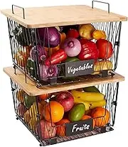 FORYUSE 2 Pack Stackable Wire Baskets with Bamboo Top, Countertop Fruit Vegetable Basket with Labels, Large Metal Bin Storage Organiser for Kitchen, Pantry, Cabinet