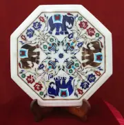 White Marble Coffee Table Top Multicolor Ston Inlay Work Bed Side Table for Home