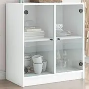 White Side Cabinet with Glass Doors, Engineered Wood, Storage Cupboard for Living Room, Hallway, or Dining Area