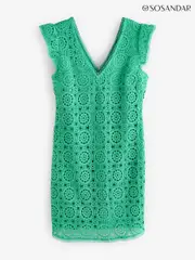 Sosandar Green Ruffle Sleeve Lace Shift Dress (F80878) | $182