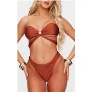 Brown Ruched Waist Bikini Bottoms, Brown