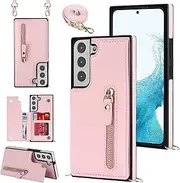 for Samsung Galaxy S21 FE Crossboday Wallet Case with Card Holder,Flip Leather RFID Blocking Cover,Magnetic Closure Kickstand Shockproof Phone Case for Samsung S21 FE (Pink)