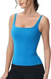 [BEGOINGㅤ] Women's Sleeveless Square Neck Tank Top Built in Bra Strappy Double Layer Workout Tops Low Back Going Out Tops