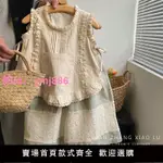 女童森系刺繡蕾絲邊背心襯衫韓版童裝2024夏裝新款無袖薄款套裝潮