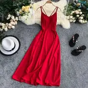 Spaghetti-Strap Plain Midi A-line Dress Almond - L