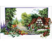English Cottage Stream, a no count cross stitch kit size 40 x 24cm 14ct aida
