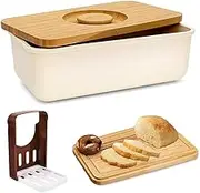 Bread Box, Rectangular Bread Container with Bamboo Wood Cutting Board Lid & Bread Slicer Holder, Bread Storage Container for Kitchen Countertop, 37.5 * 21 * 14cm
