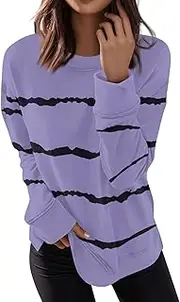 [Generic] Thermal Shirt Boys Plus Size Tops Casual Blouses for Women Crewneck Loose T Shirts Trendy Tunics Long Sleeved Crew Neck Striped Printed Tops Shirt