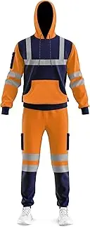 [trending babz] Hi Vis Cuffed Ankle Trouser Pull Over Top Set Reflective Tape Band Tracksuit Jacket Trousers Mens Hi Visibility Workwear Set Sizes S/2XL