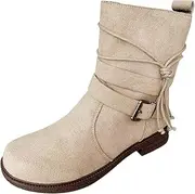[JEUROT] Ankle Boots for Women Casual Suede Lace Up Combat Riding Boots Round Toe Chunky Low Heel Ankle Booties with Side Zip