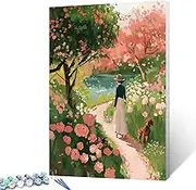 A Woman Leads Her Dog Down a Flowery Path Paint by Number for Adult River Flowers Acrylic Painting Kit Wall Art Gothic Painting Oil Painting Kits for Home Wall Art Bedroom Decor 16x20inch (Frameless)