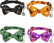 4pcs Halloween Cat Collar, 11.8x0.39 Inch Adjustable Cat Collar with Bell Halloween Cat Collar Bow Tie Pumpkin Print Kitty Collar for Dog Kitten Decoration Accessories