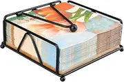 Flat Napkin Holder Metal Kitchen Napkin Holder with Weighted Tension Arm Rustic Tissue Paper Dispenser for Countertop, Table Kitchen, Dining Room (with Wooden Base, Black)