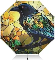 [PDZRMY] Raven Stain Glass UV Protection Travel Umbrella Compact for Rain and Sun - Auto Open and Close UPF 50+ Windproof Portable 46” Sun Umbrella for Women and Men