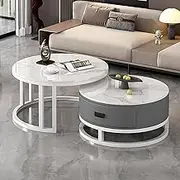 Nesting Coffee Table with Drawer, Marble Pattern Nesting Tables Modern Round Nesting Side Tables Set of 2 Round Coffee Tables for Living Room Reception Room Office,80cm,A