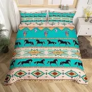 Pamper Yourself with Luxurious Comfort with Western Horse Duvet Cover: Wake Up to The Cheerful Beauty of Teal and Brown Geometric Aztec Bedding Set with Dream Catchers, 135 x 200 cm Size