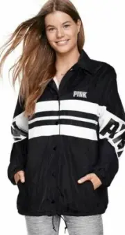 Victoria's Secret Pink M Sherpa Lined Coach Black Anorak Snap Jacket M White NEW