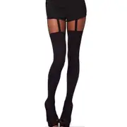 Mock Bow Suspender High Knee Tights Women Sexy Tights High Stocking Pantyhose Black-2 One Size