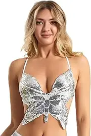 [OHYER] Women's Belly Dance Costume Sequin Top Women's Butterfly Top Belly Dance Top Glitter Top Fringe Backless Festival Party Dance Carnival Beach Fashion Club Sequin Show Silver, Silver, 8 AU