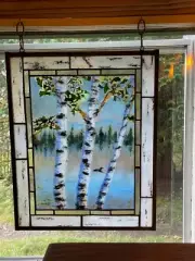 One Of A Kind Custom Stained Glass Loon Through The Birches Nature Scene Hanging