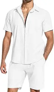[Maiyifu-GJ] Men's Cotton Linen 2 Pieces Shirt Button Down Short Sleeve Shirts Shorts Sets Summer Casual Beach Outfits for Men, White, Small