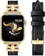 [Ocaer] Compatible with Apple Watch Strap 42mm 41mm 40mm 38mm, Luxury Leather Band for iWatch Series10 9 8 7 6 5 4 3 2 1 SE, Slim Dressy Apple Watch Band with D-Shape Metal Buckle,Women(Black/Gold）