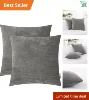 Elegant Chenille Grey Throw Pillow Covers Set of 2 | 16x16 Inch Soft Cushions