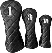 3pcs Set Golf Club Headcovers Black Or White Rhombic Design Driver Cover Fairway 3 5 Wood Head Cover Hybrid Covers- Premium PU Leather for 1 3 H Clubs