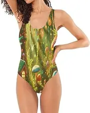 [Joisal] Peacock Feathers Green Women Swimsuits Low Back One Piece Swimsuit Women Tummy Control with Bra, Mushroom Forest Cartoon, Medium