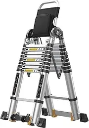 Telescoping Ladder Multpurpose Telescopic Ladder with Tool Table and Wheels, 3.4M/4.2M Tall, Folding Aluminium Extension Straight Ladder, Household Garden Building Safety Step Ladd