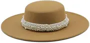 [FONSMAY] French Pearl Chain White Flat Top Fedora Hats for Women Spring Big Brim Boater Top Hat for Party Wedding