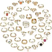 [Kakonia] 48Pcs Open Toe Rings Set for Women Men Adjustable Vintage Retro Knuckle Ring Bohemian Toe Finger Tail Ring Summer Beach Foot Jewelry Silver Gold