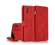For iPhone XR Case, Leather Zipper Purse Flip Cover Case with Card Slot Holder Wrist Strap Lanyard (Red)