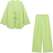 [Zadaos] Women'S 2 Piece Set V-Neck Long Sleeved Lace-Up Cotton And Linen Kimono Jacket+Elastic Waist Linen Wide-Leg Pants