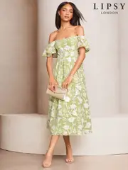Lipsy Green Premium Floral Embroidered Bardot Midi Prom Dress (AT9147) | $311