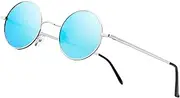 [NIEEPA] John Lennon Vintage Round Polarized Hippie Sunglasses Small Circle Metal Driving Sun Glasses (Blue Lens/Silver Frame)
