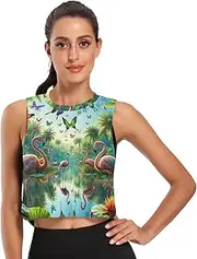 [ODAWA] Pink Flamingos Womens Crop Tops Workout Running Shirts Gym Tops Sizes S-2XL