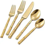 Flatasy Flatware Set Gold Silverware Set with Bamboo Pattern Mirror Polished 20 Pieces Cutlery Set Housewarming Wedding Gift Service for 4