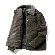 Winter Thick Bomber Jacket Fleece Lined Warm Coat Men Solid Color Lapel Outerwear Army Green 2XL