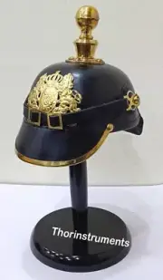 Brass German Armor Ball Spike Officer Pickelhaube Leather Helmet W/ Black Stand