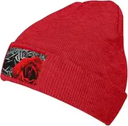 [OdDdot] Black White and Red Roses Print Beanie Hats for Women Men,Winter Hats,Knit Hat,Mens Beanies,Brimless Hat,Skater Beanie, Red, One size