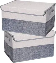[TOJUNE] 2 Pack Foldable Storage Box with Lids and Handles, L40 x W28 x H26 cm, Linen Organizers, Clothes Organizers Basket, Capacity 29 L (Grey+ Beige)