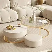 2 Round Coffee Tables,high-end Rock Slab Coffee Table,round Water-wave Glass Coffee Table With Small Leather Stool,impact Resistant,easy To Clean,suitable For Living Room,bedroom(3-piece Set)(Gold,L)