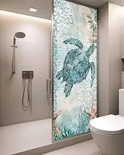 Window Privacy Film Coastal Sea Turtle Teal Stained Glass Window Film Decorative Sun Block Window Cover Summer Nautical Ocean Starfish Window Clings Static Adhesive Sticker for Bathroom 29.5"x78.7"