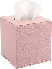 BTSKY PU Leather Cube Tissue Holder Box - Household/Office Square Tissue Box Cover, Textured Tissue Paper Box Case Napkin Holder, Pink