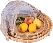 Midremer 3-Piece Bamboo Food Storage Basket Set - Round, Dustproof, Picnic Basket with Mesh Gauze Cover (12''+14''+16'') - Brown