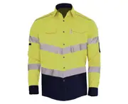 BigBEE New Design Hi Vis Shirt COTTON DRILL WORK WEAR Air Vents UPF 50+ LONG SLEEVE Reflective Tape - YELLOW/NAVY-R