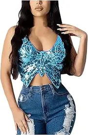 [Generic] Belly Crop Sequin Outfits Women's Bra Costume Top Tank Vest Dance Sparkly Bandage Air Top Women